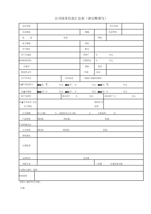 XX公司商务信息汇总表