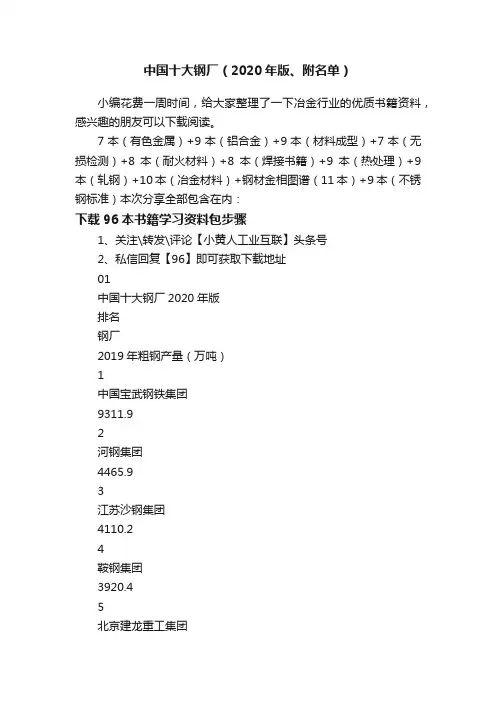 中国十大钢厂（2020年版、附名单）