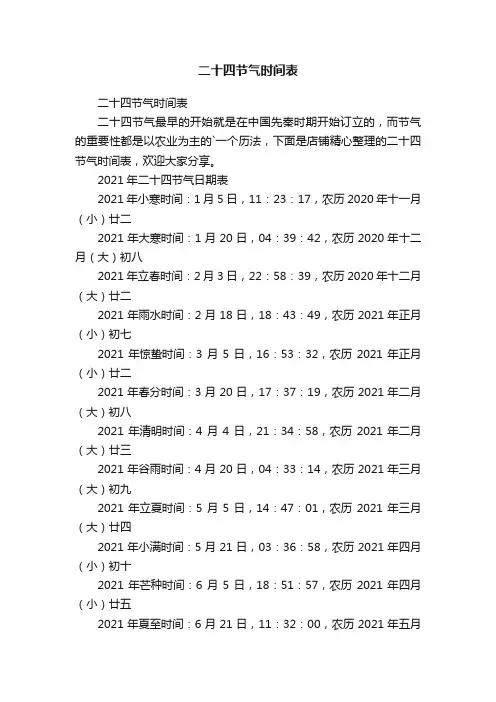 二十四节气时间表