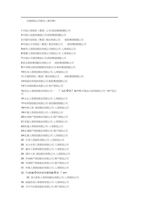 中国保险公司排名及分类