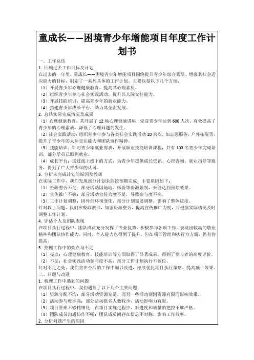 童成长——困境青少年增能项目年度工作计划书