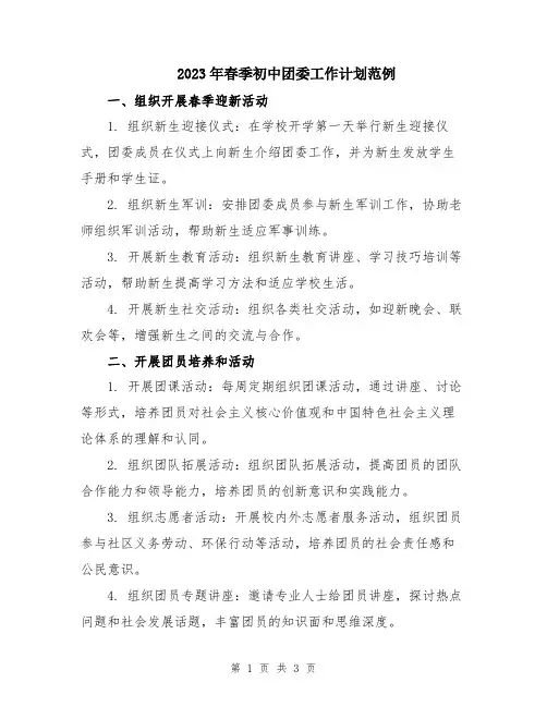 2023年春季初中团委工作计划范例