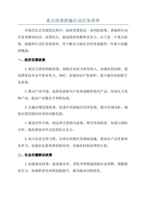 重点政策措施行动任务清单