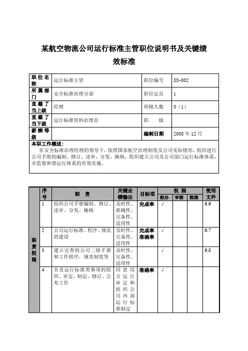 某航空物流公司运行标准主管职位说明书及关键绩效标准