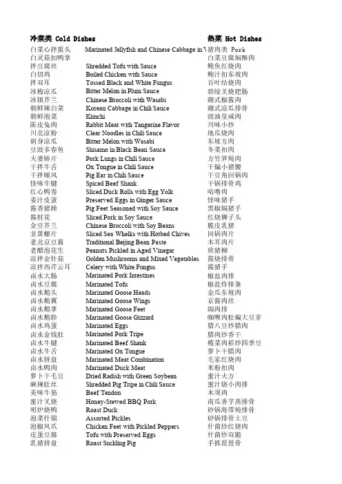 各类菜品名称中英文