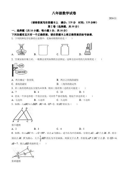 湖北省武汉市青山区2024-2025学年八年级上学期期中数学试题(含答案)