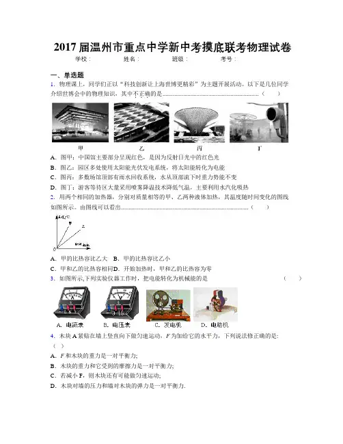 2017届温州市重点中学新中考摸底联考物理试卷