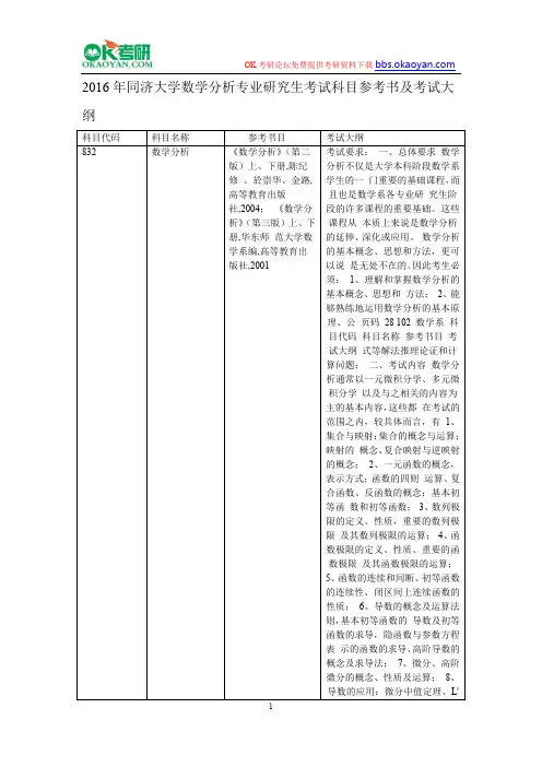 2016年同济大学数学分析专业研究生考试科目参考书及考试大纲