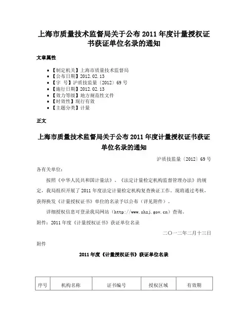 上海市质量技术监督局关于公布2011年度计量授权证书获证单位名录的通知