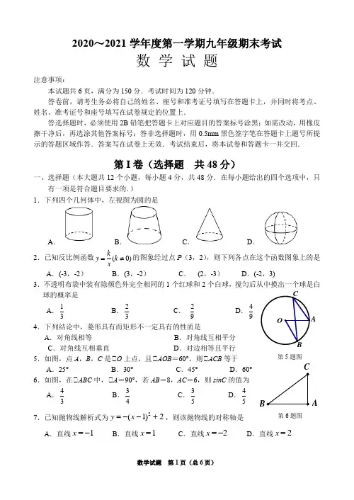 2020-2021学年九年级上学期期末考试数学试题