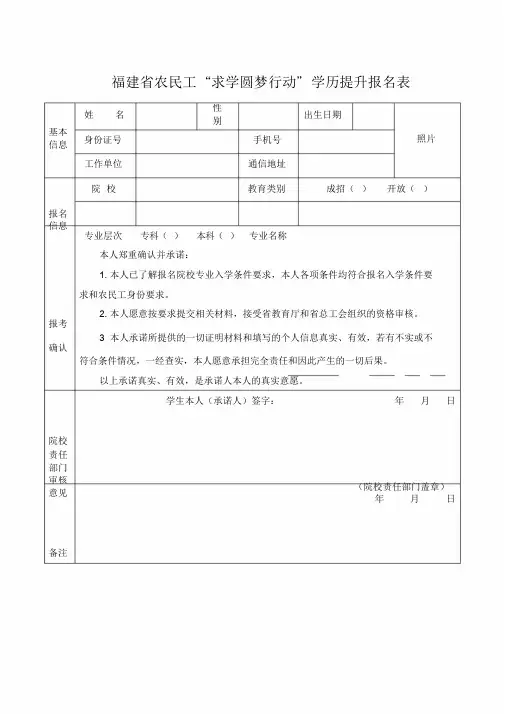 福建省农民工“求学圆梦行动”学历提升报名表
