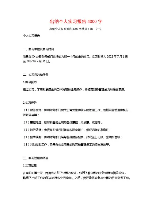 出纳个人实习报告4000字5篇