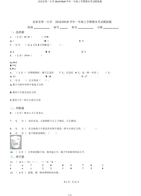 龙泉市第一小学2018-2019学年一年级上学期期末考试模拟题