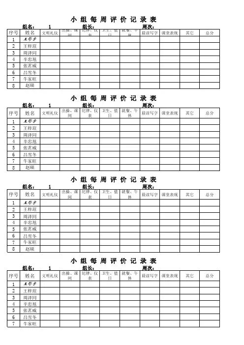 1-9小组周评价记录表