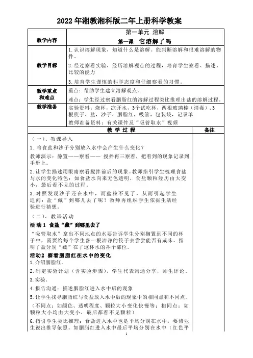 2022年湘科版二年级科学上册全册教案