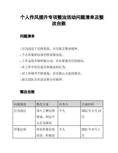 个人作风提升专项整治活动问题清单及整改台账