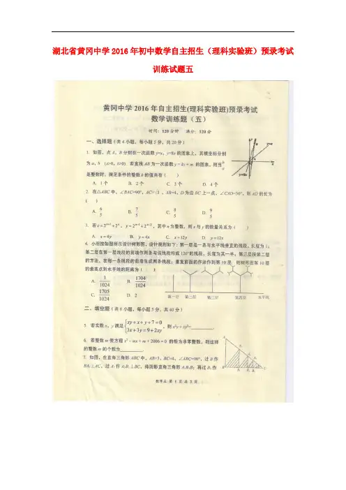 湖北省黄冈中学初中数学自主招生预录考试训练试题五(