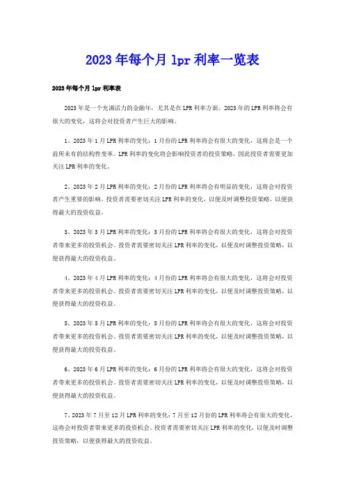 2023年每个月lpr利率一览表