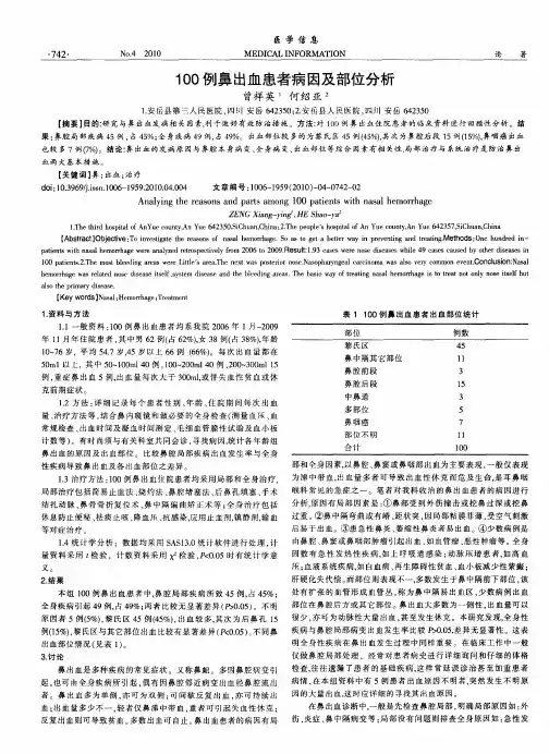 100例鼻出血患者病因及部位分析