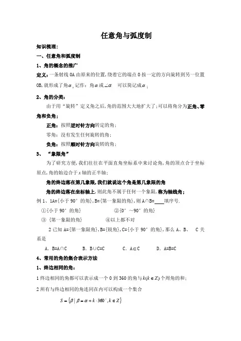 任意角与弧度制知识点汇总