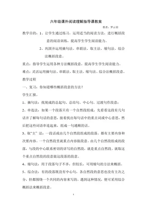 六年级课外阅读复习教案