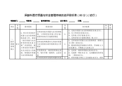 麻醉科医疗质量与安全管理持续改进评级标准(80分)(试行)