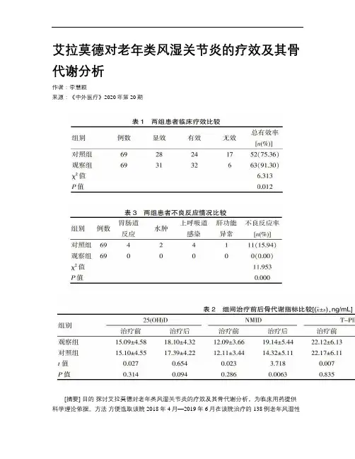 艾拉莫德对老年类风湿关节炎的疗效及其骨代谢分析