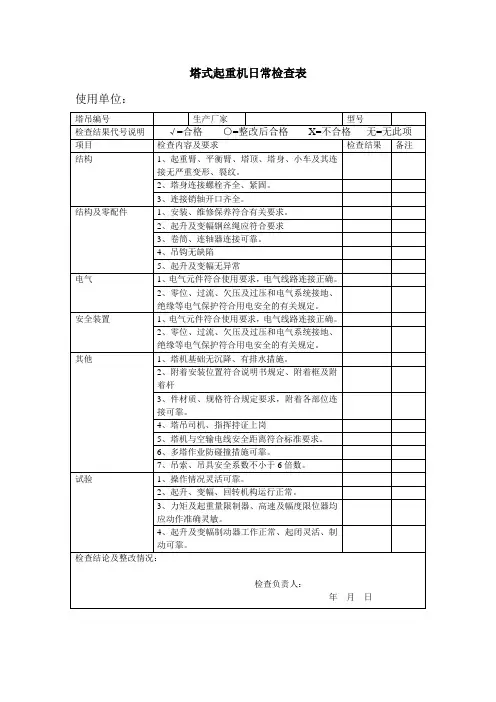 塔式起重机日常检查表