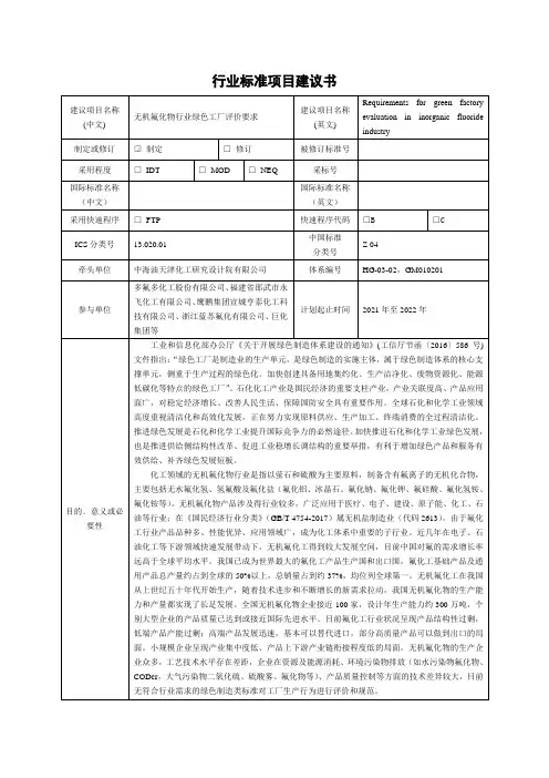 附表2：《无机氟化物行业绿色工厂评价要求》行业标准项目建议书(郭工)
