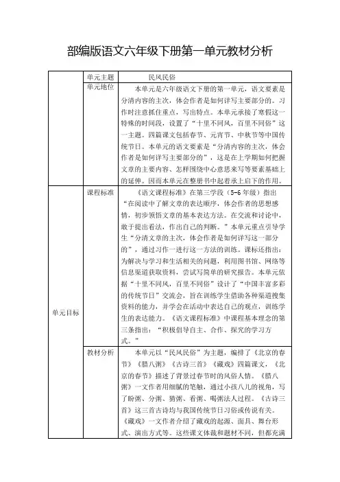 部编版语文六年级下册单元分析
