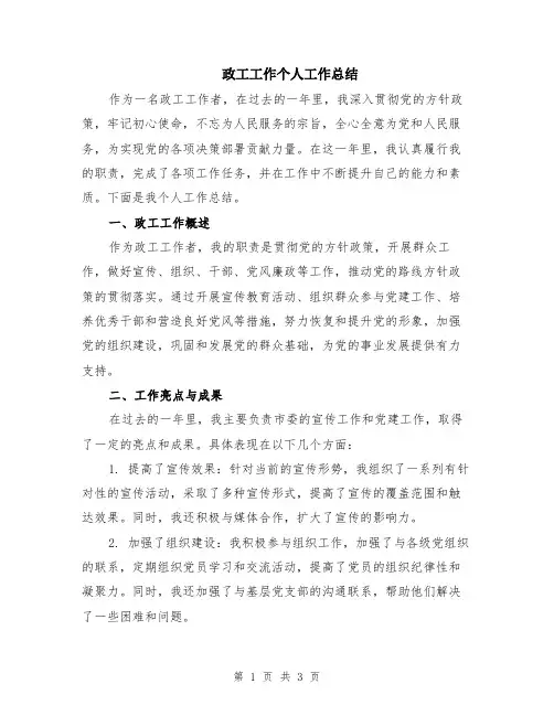 政工工作个人工作总结
