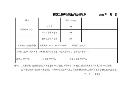 教职工患病住院慰问金领取单