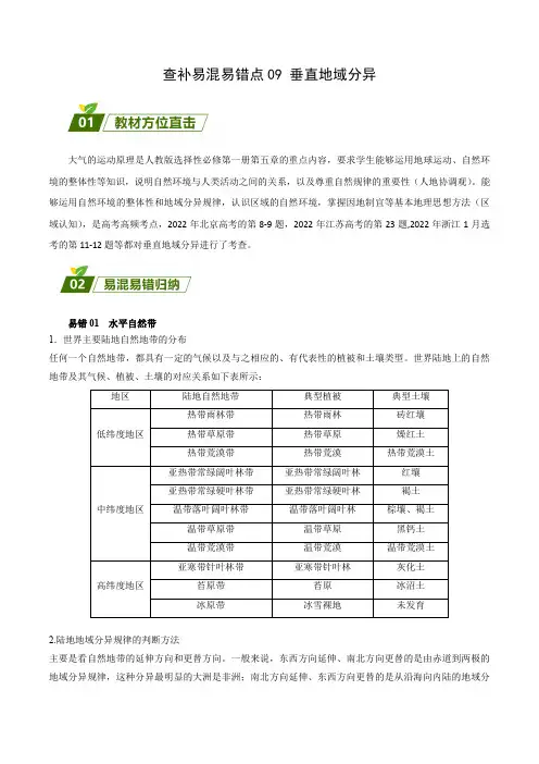 【高中地理】垂直地域分异 查漏补缺 2023年高考三轮冲刺过关(解析版)