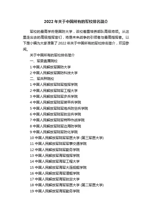 2022年关于中国所有的军校排名简介