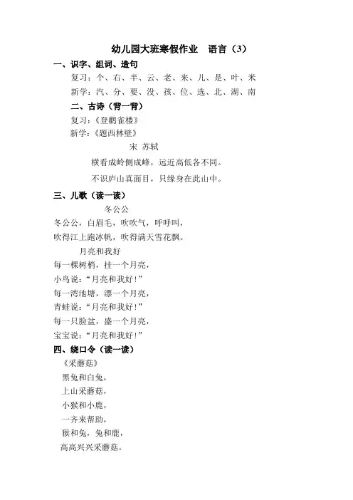 幼儿园大班寒假作业  语言3