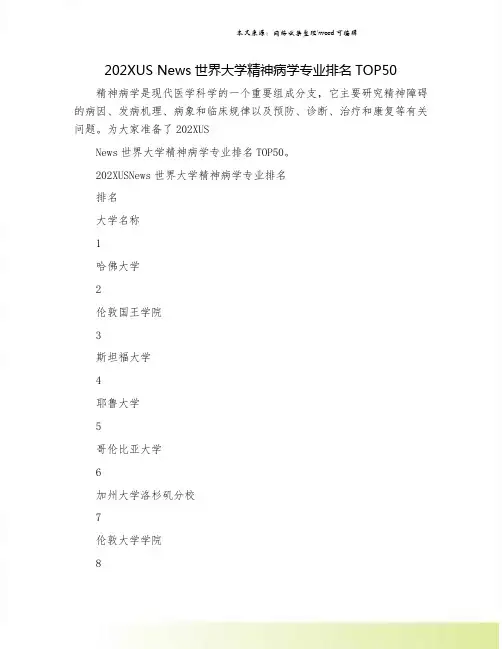 202XUS News世界大学精神病学专业排名TOP50.doc
