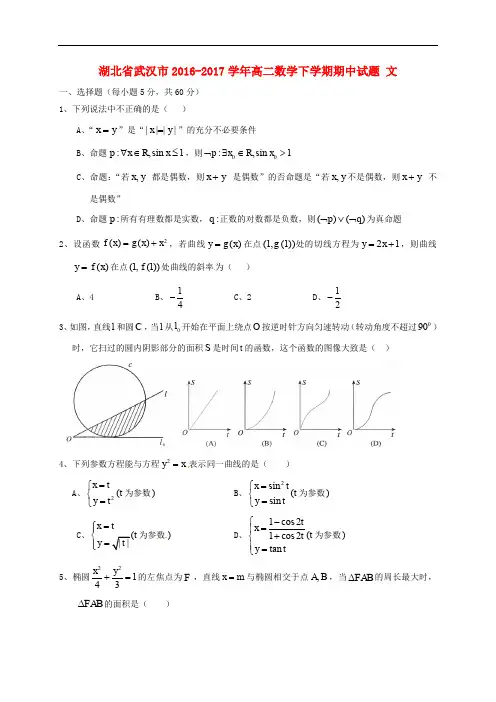 湖北省武汉市高二数学下学期期中试题 文