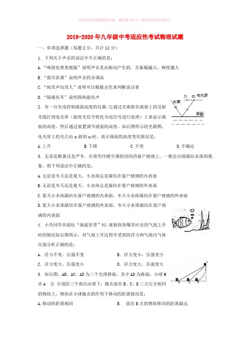 2019-2020年九年级中考适应性考试物理试题