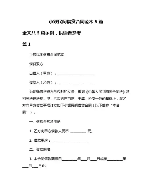 小额民间借贷合同范本5篇