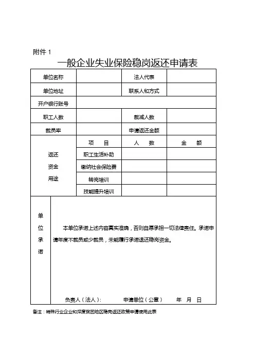 般企业失业保险稳岗返还补贴申请表