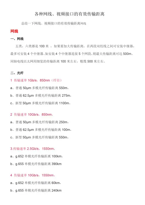 各类网线 视频线路的有效传输距离