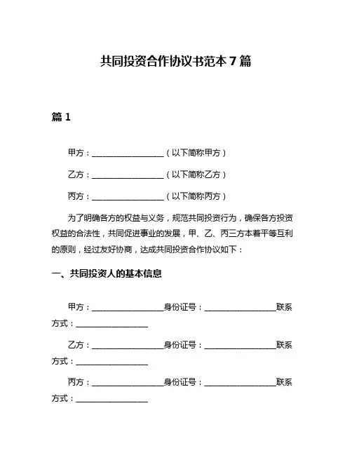 共同投资合作协议书范本7篇