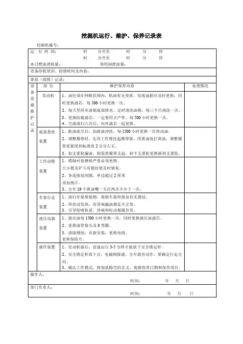 挖掘机运行记录表