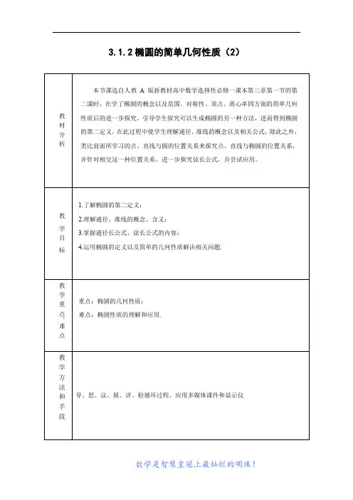 高中数学_椭圆的简单几何性质(2)教学设计学情分析教材分析课后反思