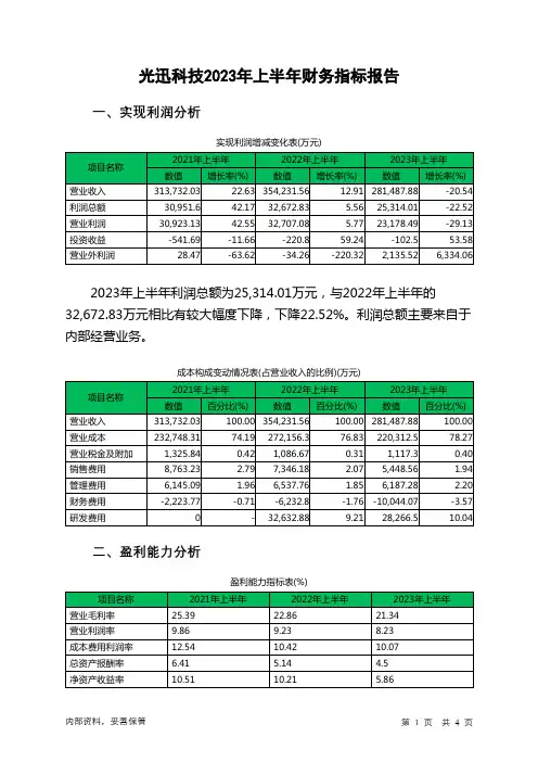 002281光迅科技2023年上半年财务指标报告