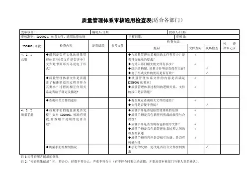 iso9001质量管理体系审核通用检查表(适合各部门)