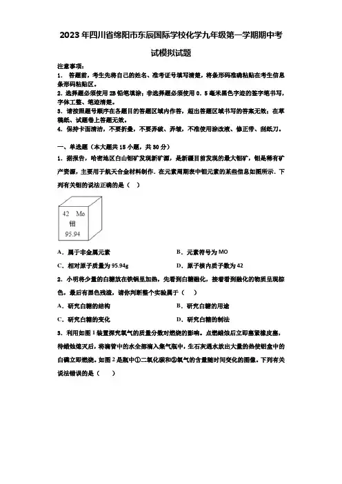 2023年四川省绵阳市东辰国际学校化学九年级第一学期期中考试模拟试题含解析