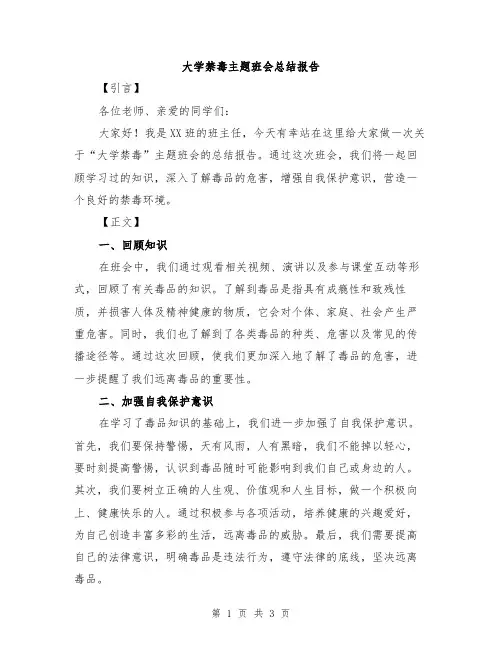 大学禁毒主题班会总结报告