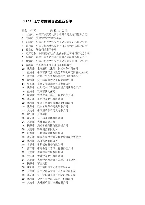 2012年辽宁省纳税百强企业名单