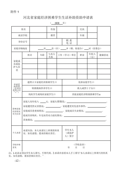 2020年河北省家庭经济困难学生生活补助资助申请表 